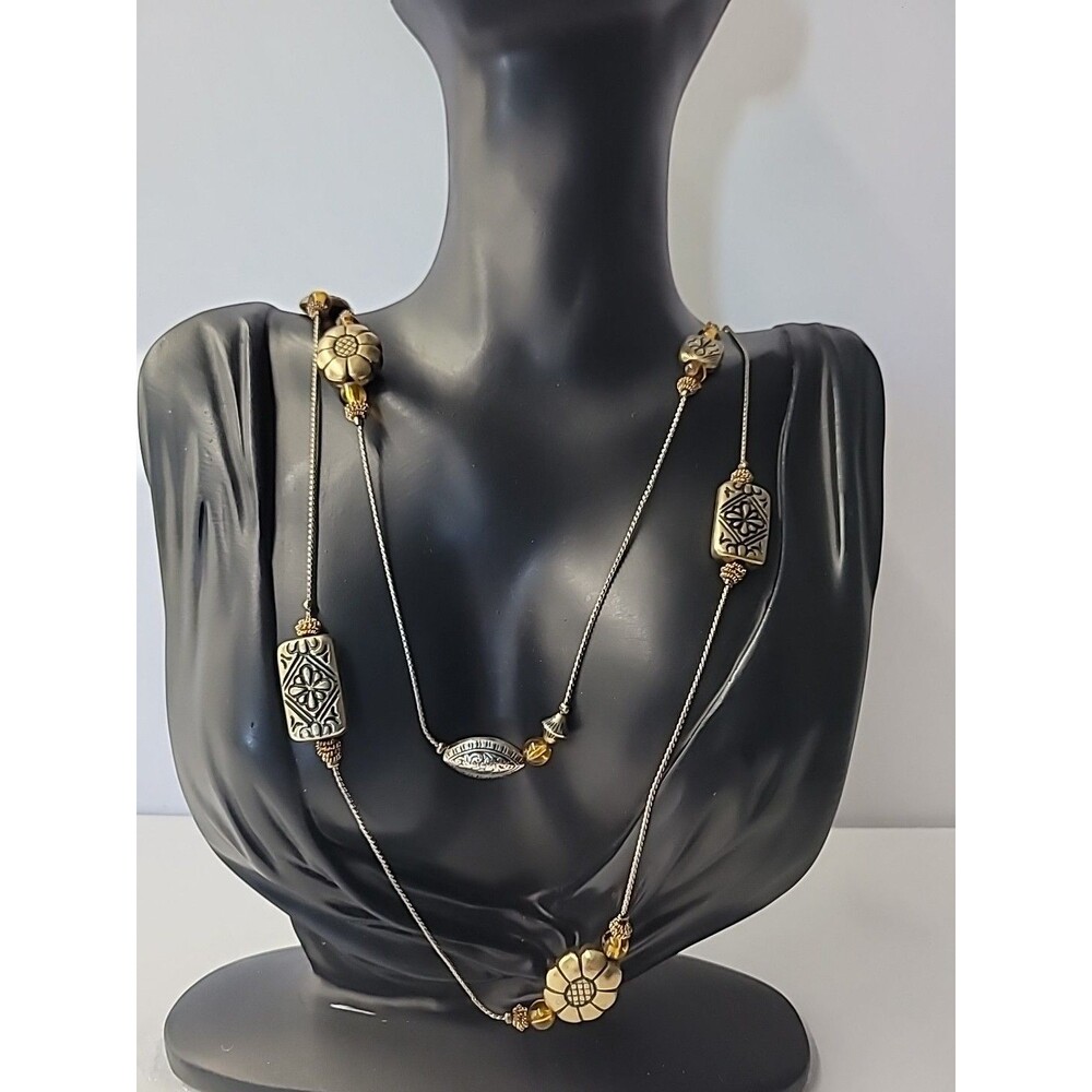 Long Gold Tone Beaded‎ Necklace Boho Tribal Etched Station Brown Glass Beads